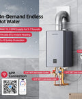 Pro Grade 199k Btu Natural Gas Tankless Water Heater With Smart Wifi And 10.3 Gpm Flow For Indoors viewed from side with connections shown.