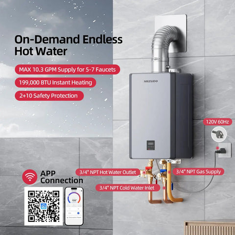 Pro Grade 199k Btu Natural Gas Tankless Water Heater With Smart Wifi And 10.3 Gpm Flow For Indoors viewed from side with connections shown.