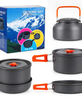 Compact 3 Piece Camping Cookware Set For 1 To 2 People With Pot Pan And Kettle In Orange Hard Anodized Aluminum