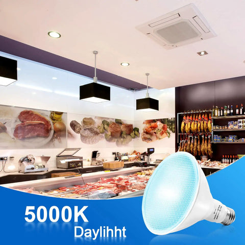 Outdoor LED Flood Light Bulb 5000K Daylight, 110V E26 Base, 20W 200W Equivalent, in a brightly lit store interior
