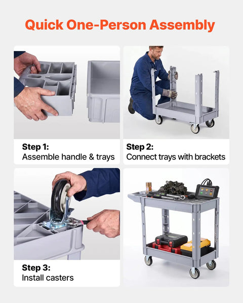 Beefy Heavy Duty Utility Cart With Two Tier Shelves 550 Lbs Capacity Heavy Plastic Rolling Cart With 360 Degree Swivel Wheels And Two Brakes Tool Storage Tray For Garage Workshop And Warehouse, assembly steps