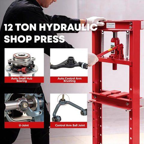 12 Ton Hydraulic Shop Press With Movable Press Plates H-Frame Floor Bearing Pro Grade Power, man using press