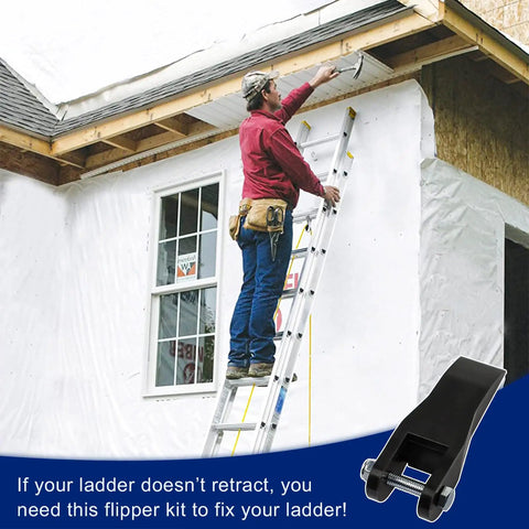 Worker on extension ladder using 29-1 Extension Ladder Lock Flipper Kit Compatible With Werner Louisville And Keller Aluminum And Fiberglass Ladders Replacement Parts For Werner Flippers Beef Up Safety And Speed On Every Extension for safety