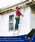 Man using aluminum ladder with Extension Ladder Lock Flipper Kit 29 1 Replacement for Aluminum and Fiberglass Ladders.