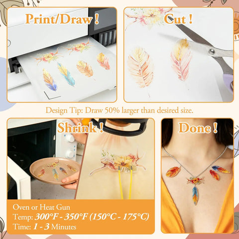 Process steps for Super Slick Printable Shrink Plastic Sheets A4 Size: drawing, cutting, shrinking, and finished jewelry.