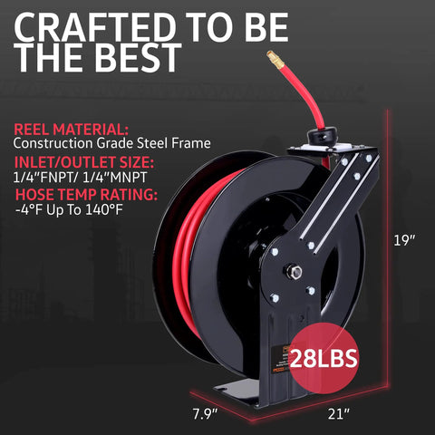 Industrial Retractable Air Hose Reel Three Eighth Inch By Fifty Feet Premium Hybrid Polymer Hose With Steel Construction