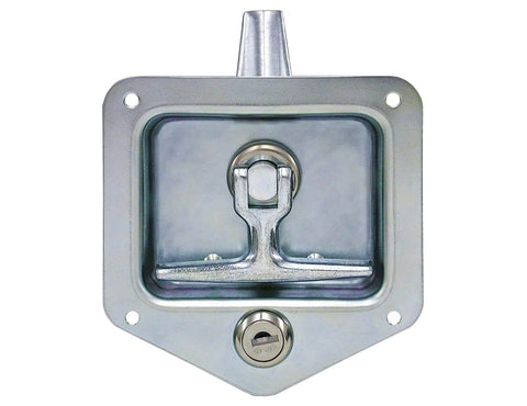 Front view of locking single point latch with gasket for truck tool boxes, trailer doors, RVs, campers; stainless steel, universal fit.