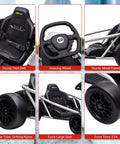 Features of 24V Kids Electric Go Kart With Dual 250W Motors And 9Ah Battery, showing seatbelt, steering wheel, frame, and tires.