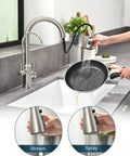Top Tier Three Way Kitchen Faucet With Built In Water Filter Dispenser In Sleek Brushed Nickel Finish Delivers water spray into frying pan.