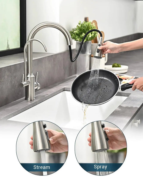Top Tier Three Way Kitchen Faucet With Built In Water Filter Dispenser In Sleek Brushed Nickel Finish Delivers water spray into frying pan.