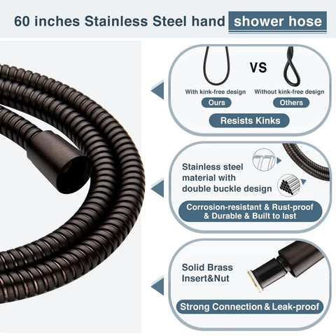 Close-up of the 60 Inch Stainless Steel Hose of the High Pressure Handheld Shower Head Kit With 9 Spray Settings, Oil Rubbed Bronze Finish.