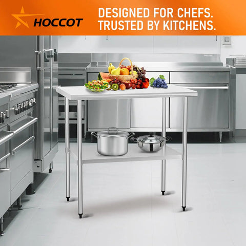 Front view of Stainless Steel Work Table For Food Prep And Heavy Duty Kitchen Station 24 By 36 Inches With Adjustable Undershelf Pro Grade Commercial Utility Table For Kitchen Garage And Outdoor BBQ in a professional kitchen setup.