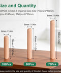 250 Piece One Quarter Inch Fluted Wood Dowels Kit With Beveled Ends For Easy Insertion And Tight Joints In Crafts Furniture And Diy Projects Super Handy For Diyers And Home Pros Durable High Density Wood Box With Three Sizes 50mm 40mm 30mm shown with dowel sizes and quantity on table