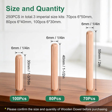 250 Piece One Quarter Inch Fluted Wood Dowels Kit With Beveled Ends For Easy Insertion And Tight Joints In Crafts Furniture And Diy Projects Super Handy For Diyers And Home Pros Durable High Density Wood Box With Three Sizes 50mm 40mm 30mm shown with dowel sizes and quantity on table