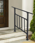 Hella Durable Heavy Duty Steel Stairway Railing With Protective Fence Gate For 3 Step Outside Deck And Patio, black metal railing near front door.