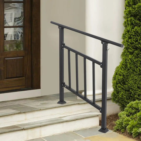 Hella Durable Heavy Duty Steel Stairway Railing With Protective Fence Gate For 3 Step Outside Deck And Patio, black metal railing near front door.