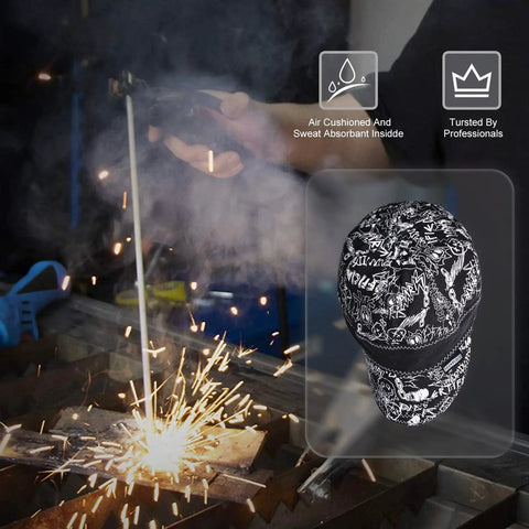 Reversible Welding Cap With Elastic Band, Durable Protective Welders Hat For Heat Resistance in Black And White, shown with sparks.