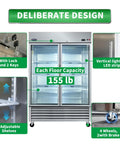 Heavy Duty Badass 54 Inch Commercial Refrigerator With Two Glass Doors And 49 Cubic Feet Capacity Rock Solid Stainless Steel upright display cooler features adjustable shelves and LED lighting.