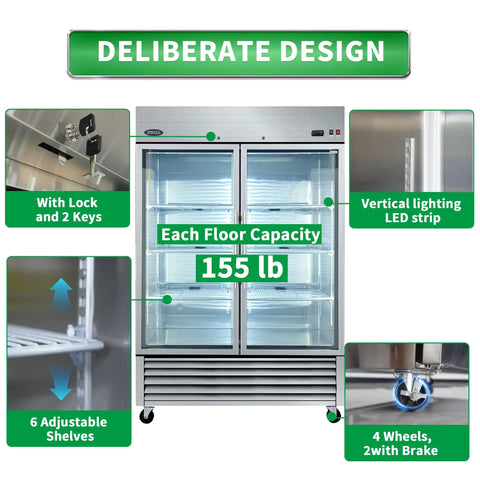 Heavy Duty Badass 54 Inch Commercial Refrigerator With Two Glass Doors And 49 Cubic Feet Capacity Rock Solid Stainless Steel upright display cooler features adjustable shelves and LED lighting.