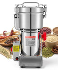 Electric Grain Mill Grinder High Speed 2000W Stainless Steel Pulverizer showing side view with dry grains and spices