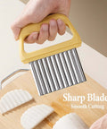 Crinkle-cut potato slicer with yellow handle and stainless steel blades (front view)