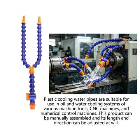 Flexible Lathe Coolant Tube Kit For CNC Machines, 4-Piece ABS Hose Set with water flowing from bamboo-joint pipe
