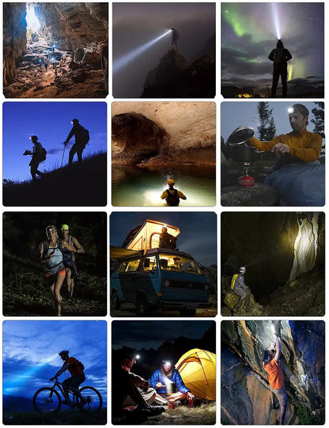 Collage of outdoor activities using Two Pack LED Headlamps With Rechargeable Batteries in various settings