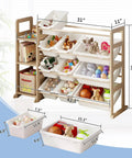 Kiddo Friendly Toy Storage Organizer with Bookshelf, Three Shelves and Twelve Bins, White Pine Wood seen from front with filled bins