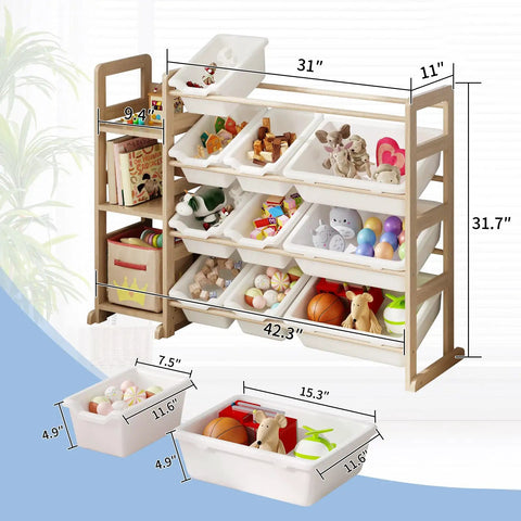 Kiddo Friendly Toy Storage Organizer with Bookshelf, Three Shelves and Twelve Bins, White Pine Wood seen from front with filled bins