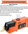 No Sweat 3D Filament Extruder Machine with orange casing, compact design, and controls for adjustable speed and temperature.