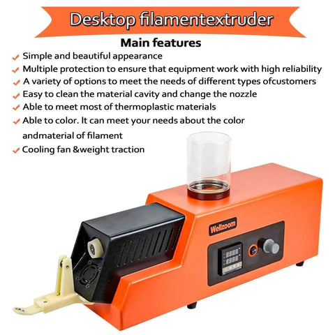 No Sweat 3D Filament Extruder Machine with orange casing, compact design, and controls for adjustable speed and temperature.
