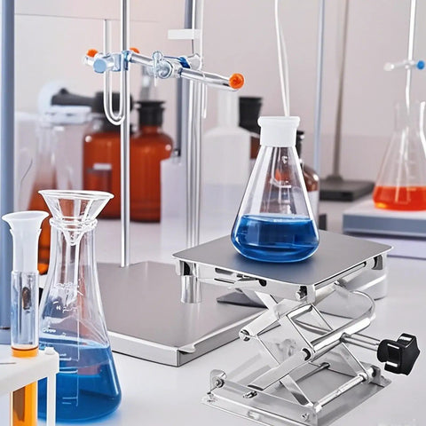 Hella Sturdy Stainless Steel Lab Scissor Jacks, 2 Piece Set, 4 By 4 Inch Lift Platform, holding glassware in laboratory setup.