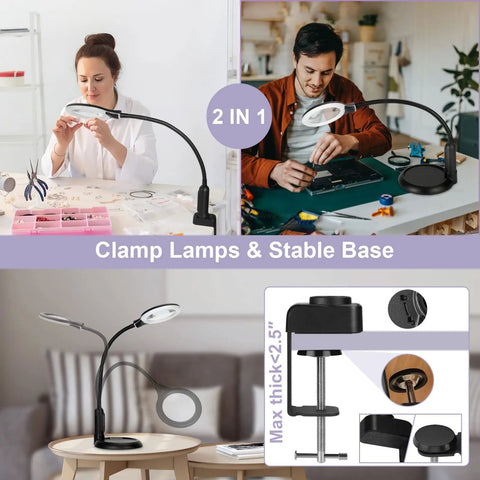 2 In 1 LED Magnifying Glass With Light And Stand for Crafting, hands free desk clamp lamp, shown in use for crafting and repairs