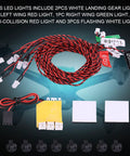 8 Piece RC LED Light Kit For Airplanes And Helicopters With 23 6 Inch Cable Full Aircraft Lighting System displayed with components.