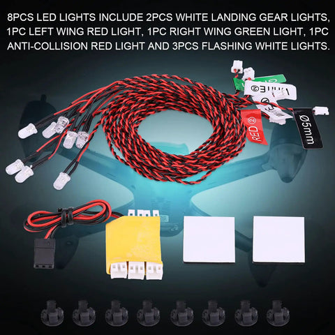 8 Piece RC LED Light Kit For Airplanes And Helicopters With 23 6 Inch Cable Full Aircraft Lighting System displayed with components.