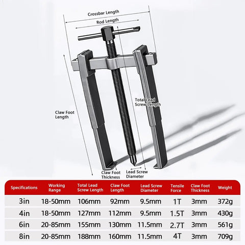 Heavy Duty No Nonsense Adjustable Bearing Separator Removal Tool For Auto Repair And Machinery Maintenance with size chart.