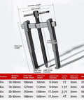 Diagram of Heavy Duty Adjustable Bearing Puller And Two Jaw Gear Splitter Crafted From Solid Carbon Steel with size specs