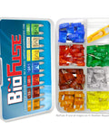 Premium Mini Apm Atm Automotive Fuse Assortment Glove Box Set with color-coded mini blade fuses and fuse puller tool.