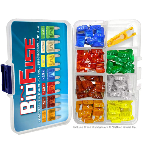 Premium Mini Apm Atm Automotive Fuse Assortment Glove Box Set with color-coded mini blade fuses and fuse puller tool.