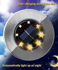 Solar Ground Yard Lights 16 Pack Easy Install Waterproof Disk LED In Ground Lights showing solar charging and night lighting.
