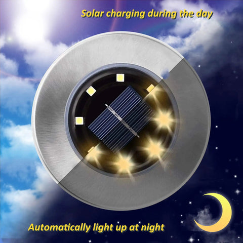 Solar Ground Yard Lights 16 Pack Easy Install Waterproof Disk LED In Ground Lights showing solar charging and night lighting.