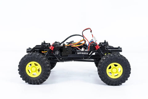 Side view of Juice Up Four By Four One Eighteen Scale RC Crawler Pro Brushless Power System ready for off road action yellow