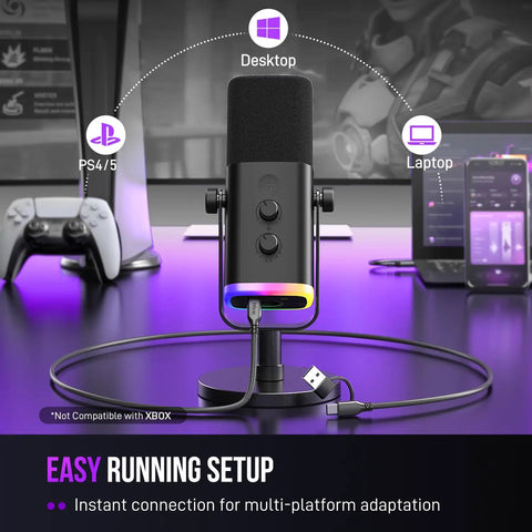 USB And XLR Dynamic Microphone For Podcast Recording And Streaming On PC And Gaming With Mute Button Headphones Jack Desktop Stand RGB Light And Clear Vocals For Singing YouTube AM8 with connections for PS4, desktop, and laptop shown.