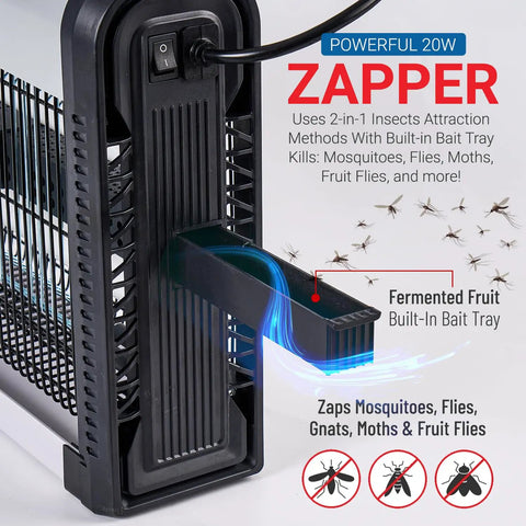 2 In 1 Indoor Bug Zapper With Built In Bait Tray And 3500V Power For Flying Insects Dual Attract And Zap Using UV Light And Refillable Lure Tray To Kill Fruit Flies Mosquitoes Gnats Moths And More Includes 2 Free Bulbs, showing close-up of bait tray and UV light.