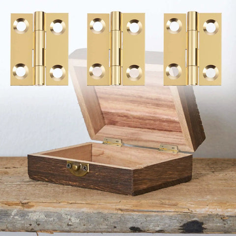Eight Piece One Inch Brass Hinges Set With Thirty Eight Gold Screws For Jewelry Boxes Small Cabinets Drawers And Folding Cabinets Durable Solid Brass Butt Hinges 25x20mm showcasing brass hinges and an open jewelry box.