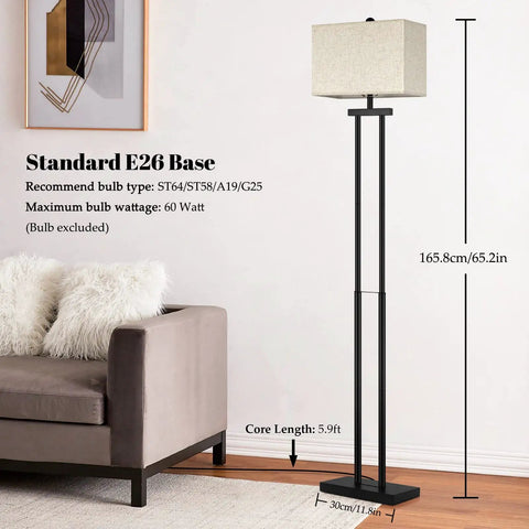 Modern Black Floor Lamp With Dual Poles And Fabric Shade Tall Reading Lamp With Foot Switch For Living Room Bedroom Office And Nursery Contemporary Farmhouse Style next to sofa