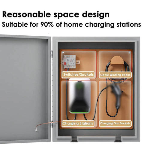 Heavy Duty EV Charger Outdoor Enclosure Wall Mount Lock Box For Level 2 Charging Station showing interior layout with charging stations, cables, and sockets.