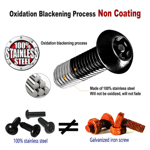 Anti Theft Stainless Steel License Plate Screws Set With Matte Caps And Locking Bolts For Front And Rear Car Tag Mounts Rustproof 304 Stainless M6 One Quarter Inch Includes Nuts Inserts And Rattle Proof Pads displayed with oxidation process detail and comparison with galvanized screw.