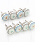 Pack Of Eight Vibrant Mandala Ceramic Cupboard Knobs 40mm Drawer Pulls With Washers on a white surface.