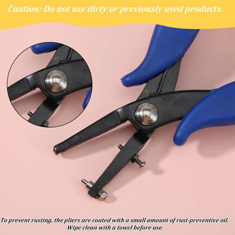 Close-up of One Sixteenth Inch Round Hole Punch Pliers For Sheet Metal And Leather Crafting, with blue soft PVC grips.